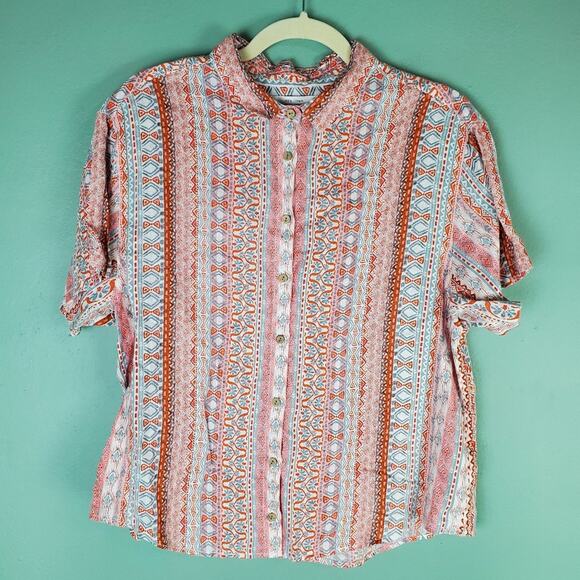 Rachel Zoe Aztec Linen Button Down Short Sleeve Top Size Medium - Picture 1 of 5